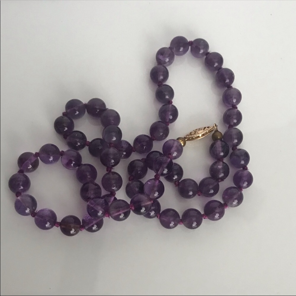 14k Natural Amethyst Beaded Necklace - Picture 3 of 7